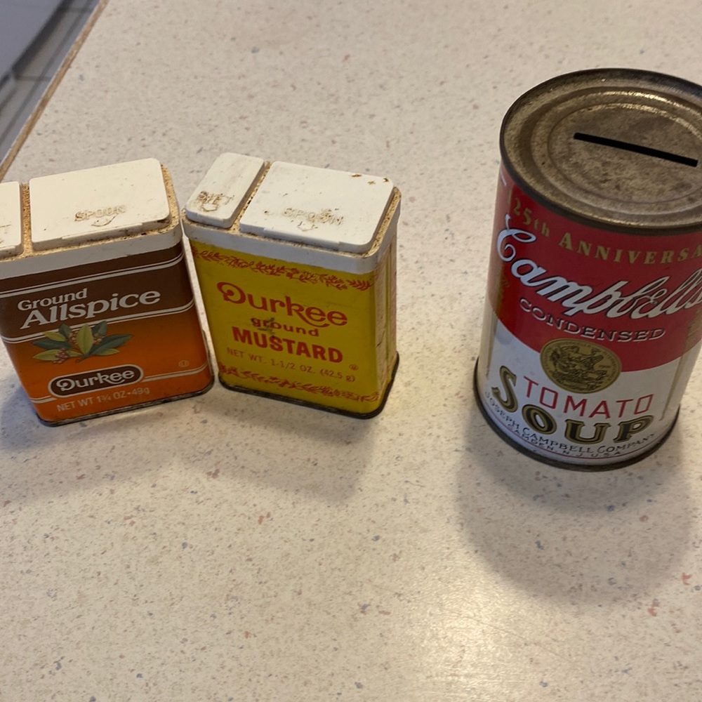 Three vintage tins including campbells soup bank